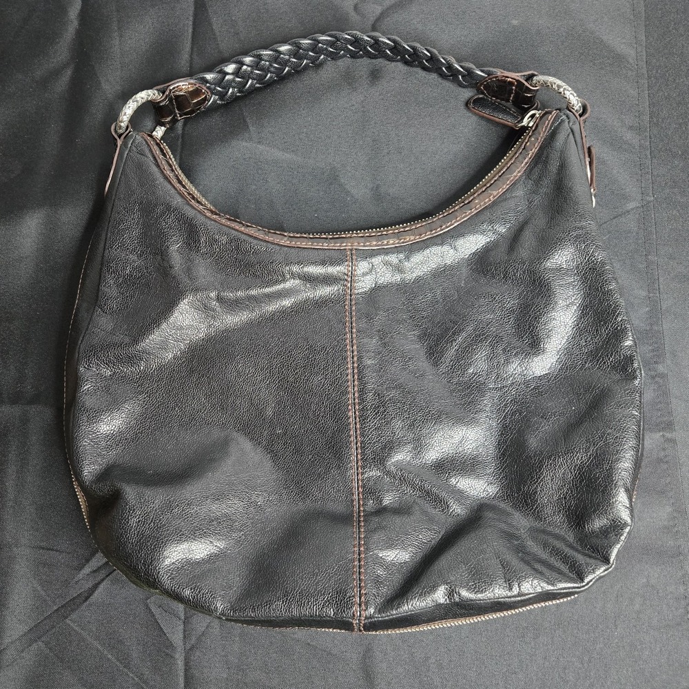 Brighton Black Leather Hobo Bag Croc Embossed Trim Braided Strap Expanding Y2k - Picture 6 of 9